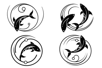 Abstract minimalist fish swirl icon set in vibrant colors