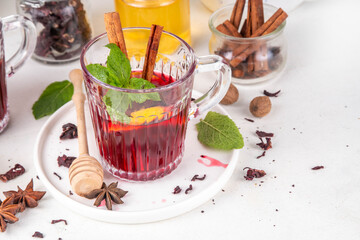 Tasty autumn non-alcohol hibiscus mulled wine drink