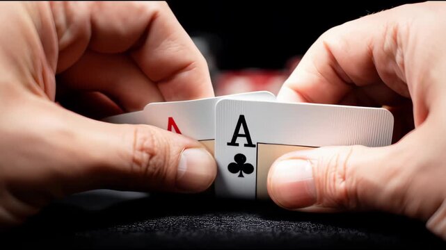 Close-up of hands holding three aces in a poker game, with blurred poker chips in the background