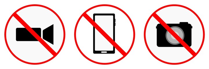 No photography, no video, do not use the phone, red sign symbol prohibition. Warning red round sign, prohibited symbol