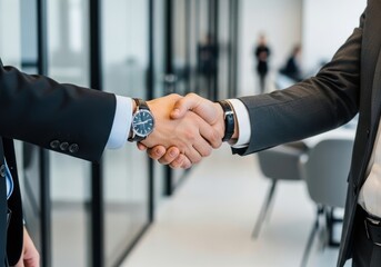 Two businessmen shaking hands in a modern office setting