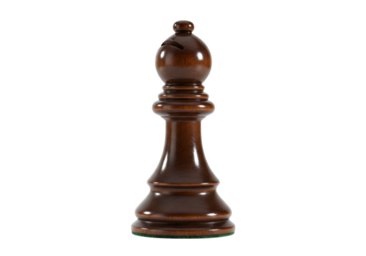 Dark brown wooden bishop chess piece isolated on transparent background, strategy game element for board game design