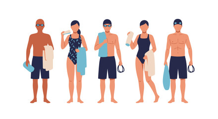 Obraz premium Five diverse swimmers, each holding towels and swim gear, ready for aquatic activity.