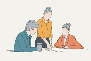 Colored focused team strategy session concept one-line drawing
