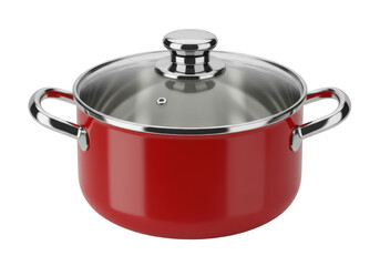 Red enameled stock pot with glass lid isolated on white, kitchenware for cooking and serving soups and stews PNG