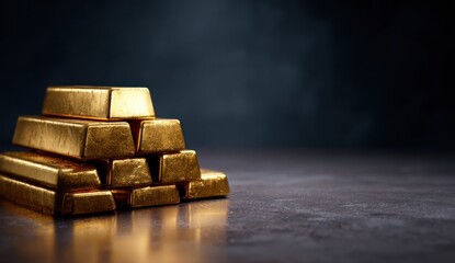 Stack of Shiny Gold Bars on a Dark Reflective Surface.