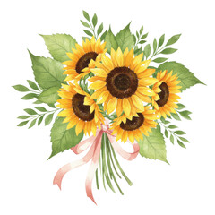 Watercolor sunflower bouquet with pink ribbon isolated PNG with Transparent Background