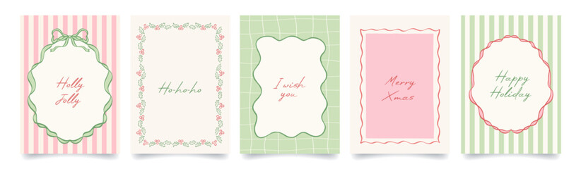 Christmas hand drawn border frames with whimsical lines, bows, ribbons in coquette style. Xmas cute backgrounds in red, green and pink colors. Minimalist holiday posters, invitation, greeting card.