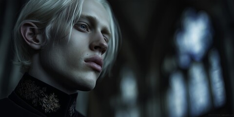 portrait of a mysterious young noble man with pale skin, platinum blond hair, sharp jawline, piercing gaze, wearing dark renaissance attire, moody lighting