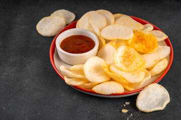 Crispy airy rice shrimp chips. Fragrant prawn crackers with sauce