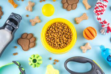 Flat lay composition with food, snacks, toys and accessories for dog