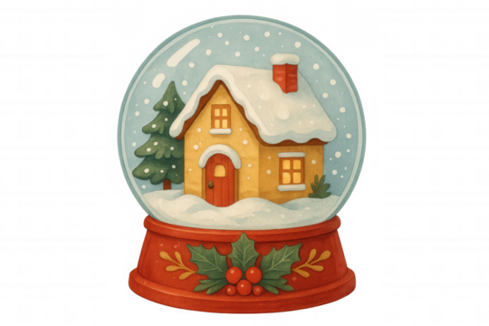 Cozy winter cottage inside a festive snow globe, watercolor illustration for christmas and holiday season