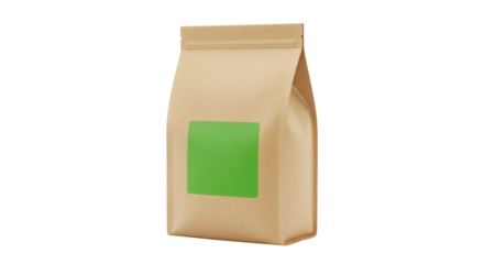 Brown paper bag with green label isolated on transparent background, eco-friendly packaging for coffee or tea