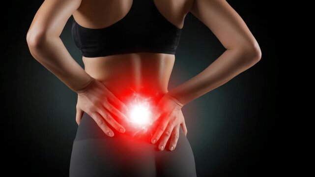Woman experiencing lower back pain with glowing light indicating discomfort in a dark environment