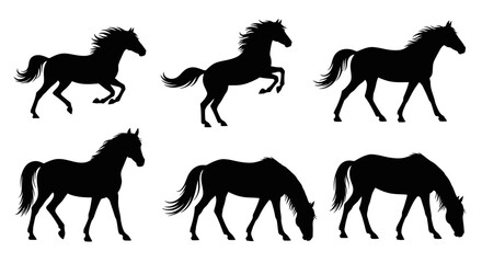 Silhouetted horses in various poses, including running, jumping, and grazing.