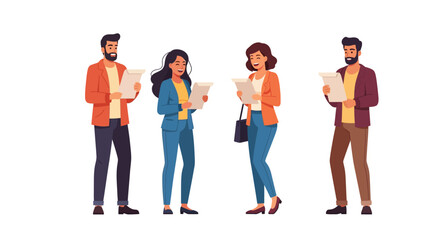 Obraz premium Four diverse individuals holding papers, possibly documents, engaged in reading or reviewing.