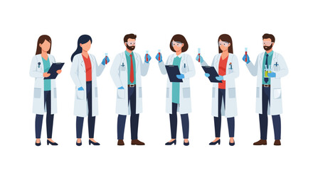 Obraz premium Group of diverse scientists in lab coats holding test tubes and clipboards, conducting research.