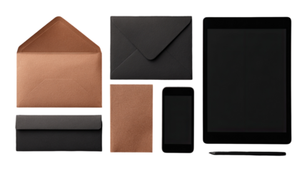 Flat lay of various envelopes and digital devices