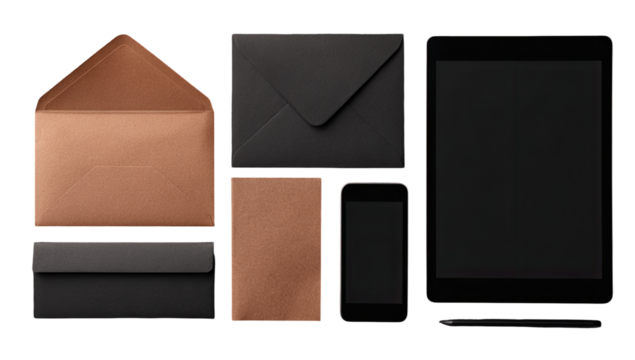 Flat lay of various envelopes and digital devices
