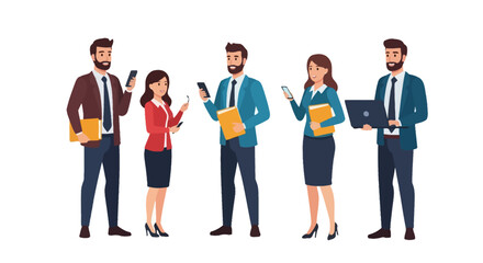 Obraz premium A group of diverse business professionals interacting with technology, holding devices.