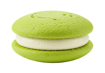 Green matcha macaron isolated on transparent background, delicious dessert with cream filling for bakery and confectionery