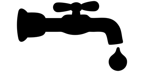 The isolated metal faucet with a single water drop dripping from the tap is a vector silhouette illustration for plumbing and clean water concepts