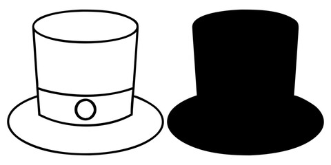 A classic vector illustration of a black and white wine bottle and glass with a gentleman's top hat for a vintage magic feel