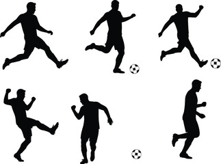 Soccer player silhouette poses, football athlete kicking ball, running, jumping, dribbling, action training, fitness sports concept, competitive teamwork illustration