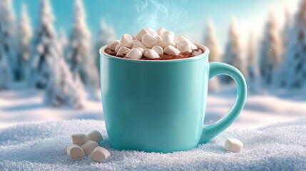 Giant hot chocolate mug with marshmallows in snowy forest  