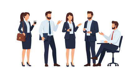 Obraz premium Group of business professionals engaged in a discussion, holding coffee, and gesturing.
