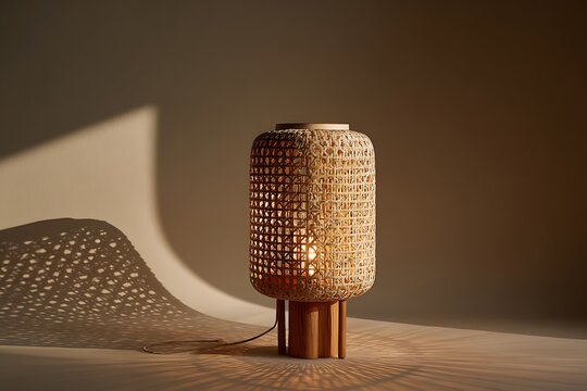 A handmade rattan lamp with woven texture casting warm patterns on a plain background