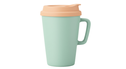 Mint green travel mug with handle and peach lid isolated, reusable coffee cup for hot drinks on no background