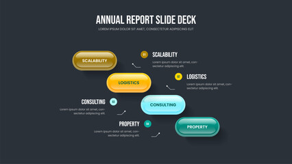 Fototapeta premium Advertising Launch Four Element Infographic Frame Design. Sales Profile Slideshow Layout Vector Illustration. Modern Briefing 4 Option Diagram Presentation Template.