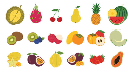 A colorful assortment of pixelated tropical and temperate fruits is displayed on a white background.