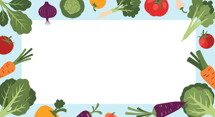 A vibrant frame of fresh vegetables surrounding a blank space for text.