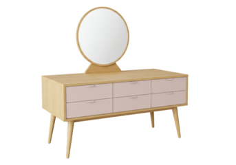 Modern light wood vanity table with mirror and pink drawers isolated, contemporary furniture for bedroom or dressing room