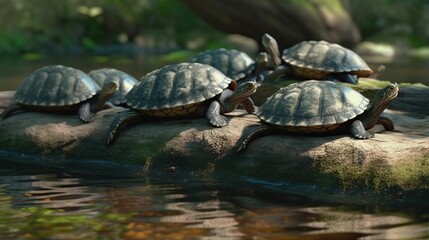 Fototapeta premium Group of Six Dark-Shelled Freshwater Turtles Basking Together on a Sunlit, Rough-Textured Log Over Calm Water