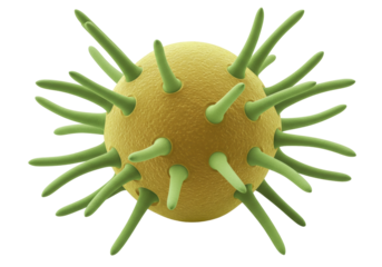 Yellow virus with green spikes isolated on transparent background, conceptual image of disease and infection in PNG format