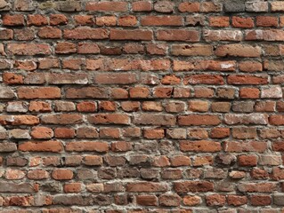 Fototapeta premium Weathered Red Brick Wall Texture With Rough Mortar And Uneven Bricks Keywords: brick wall, texture, background, old, weathered, red brick, masonry, rough