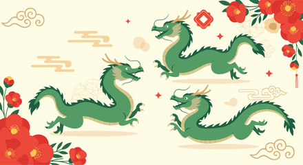 Four green dragons in pixel art style celebrating chinese new year.