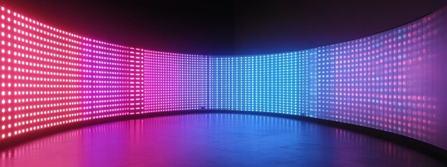Fototapeta premium Authentic concave LED display for a wall or platform. Large TV display depicted in a vector illustration with neon blue and purple dot lights. Stadium digital scoreboard with diode lights,