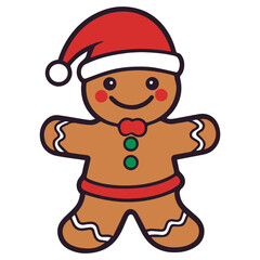 Illustration of a christmas gingerbread man wearing a santa hat with a red bow and green buttons