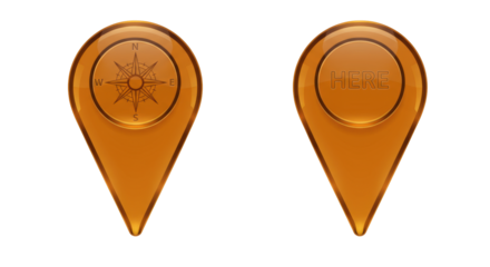 Golden map pointer icons isolated PNG, navigation pin with compass rose and here text for location and travel concepts