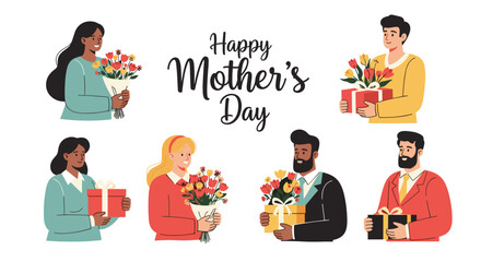 Happy mothers day greetings with gifts and flowers.
