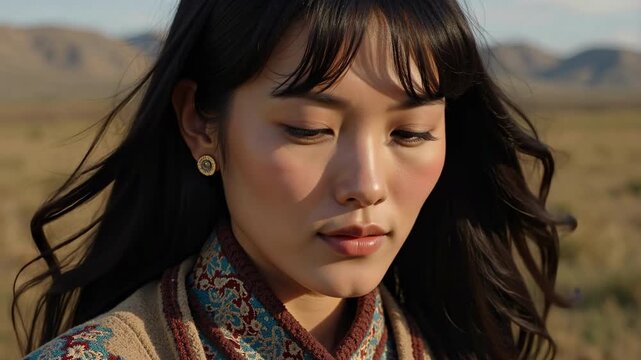 Mongolian woman in deel, high cheekbones, steppe wind whispering through her hair in stunning 4k. Authentic culture and beauty unfolds.