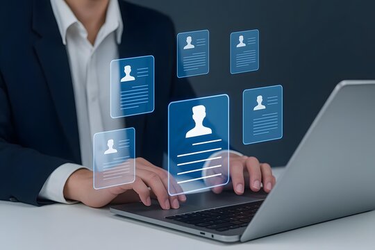 Digital Job Application: A person interacts with a laptop to apply for a job, surrounded by floating profile icons, symbolizing the modern process of applying for new positions.