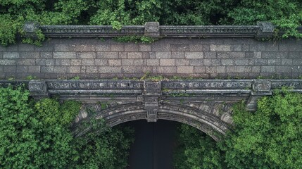 Fototapeta premium Bridge abutment details historic stone arch construction aerial view weathered masonry blocks ornate balustrade decorative elements classical American design