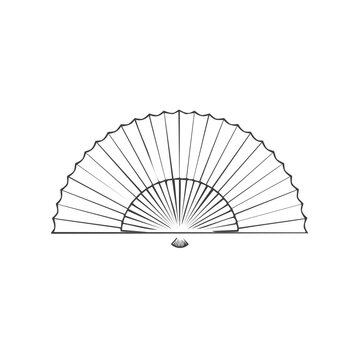 Minimalist black line art of a traditional open folding hand fan icon