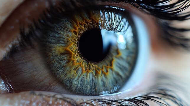 Iris collarette ring professional macro capture fiber structures golden patterns blue variations studio lighting eyelash details