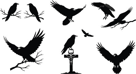 Haunted raven and crow vector illustration with flying silhouettes, perched branches, graveyard cross, spooky black birds, Halloween gothic horror design.